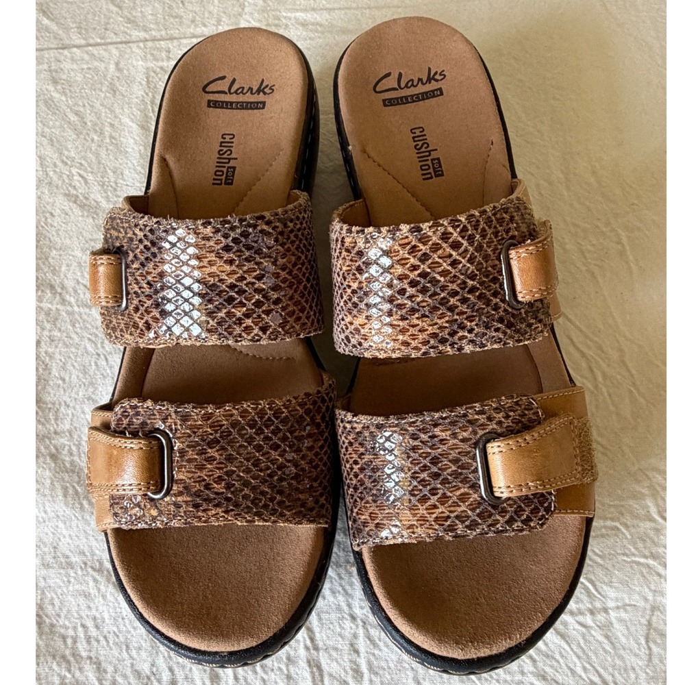 Clarks Delana Fenela Tan Leather Snakeskin Slide Wedge Sandals 8M 26125578